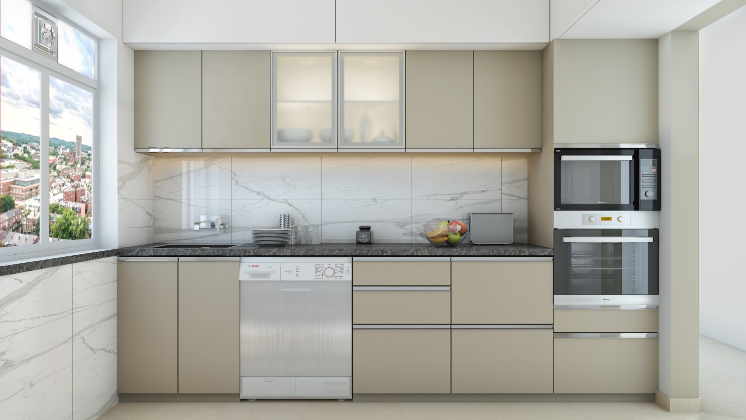 Modular Kitchen With Beige Cabinets And Patterned Wall By Reginald Adams