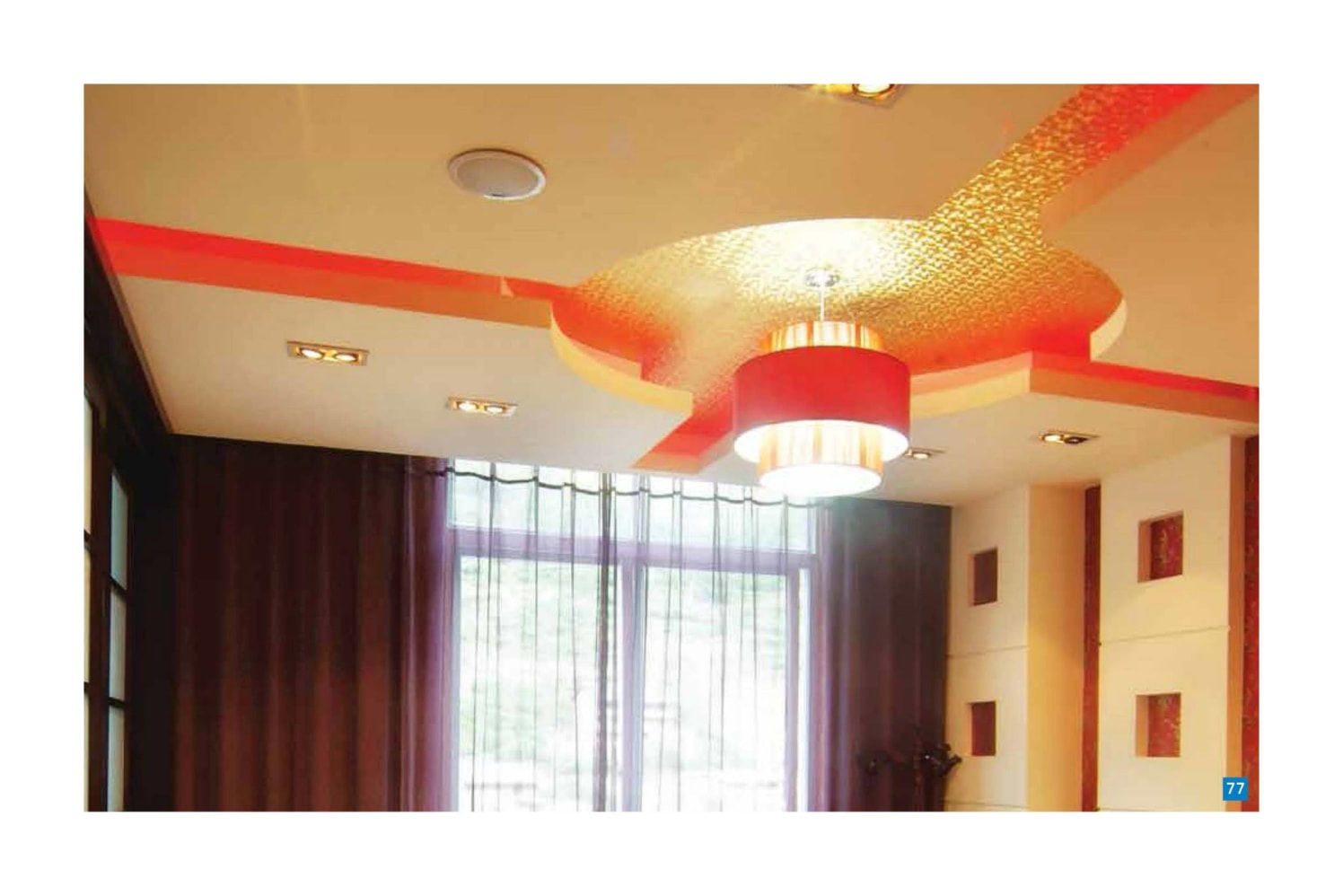 Marble Finished False Ceiling With Orange Highlights by Regalias Interiors Living-room Contemporary | Interior Design Photos & Ideas
