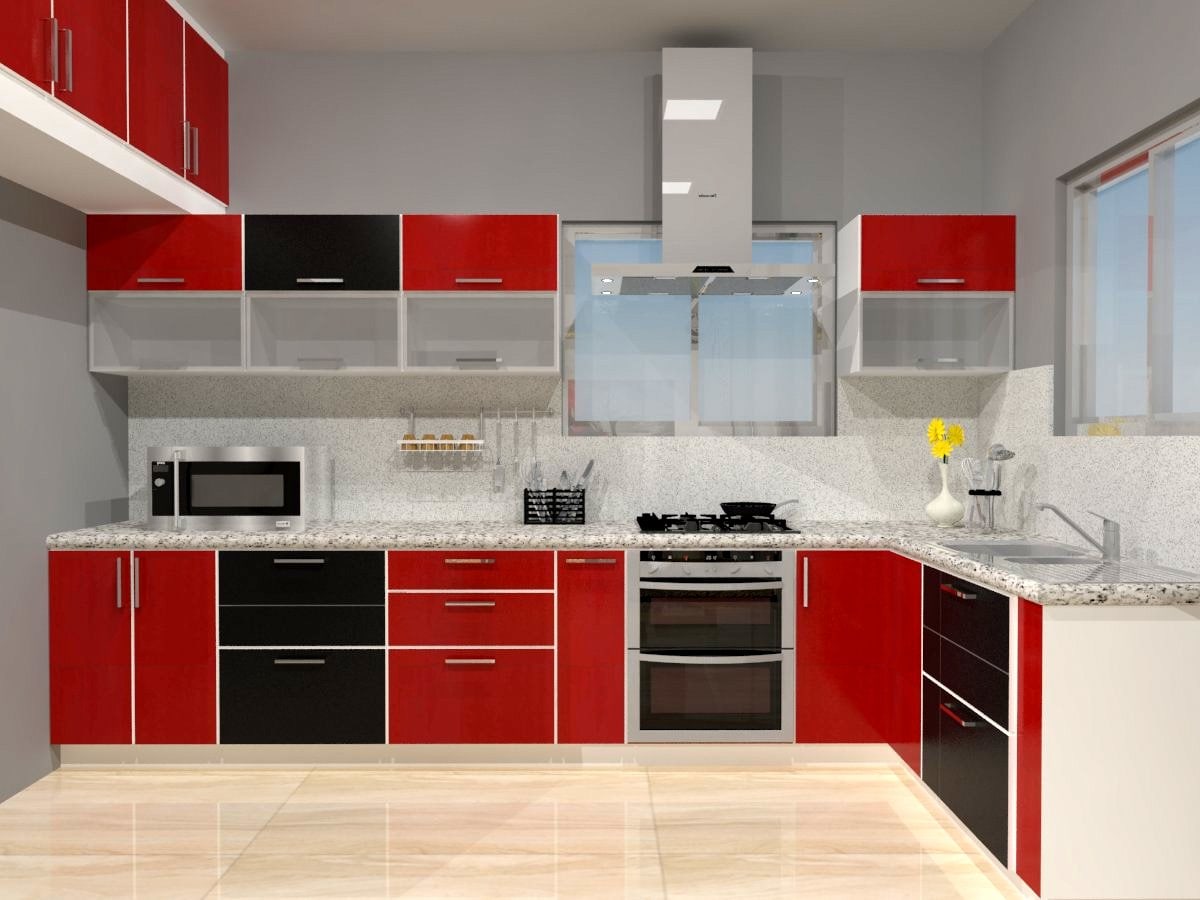 L shaped Modular Kitchen with Black and Red Cabinets by Regalias Interiors