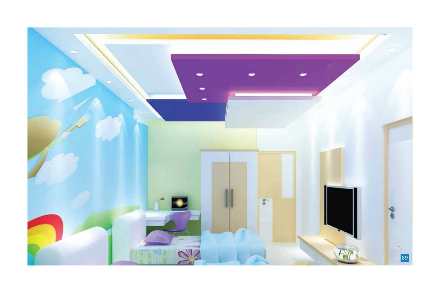 Pop Coloured Kids Bedroom with Violet Blue False Ceiling by Regalias Interiors Bedroom Modern | Interior Design Photos & Ideas