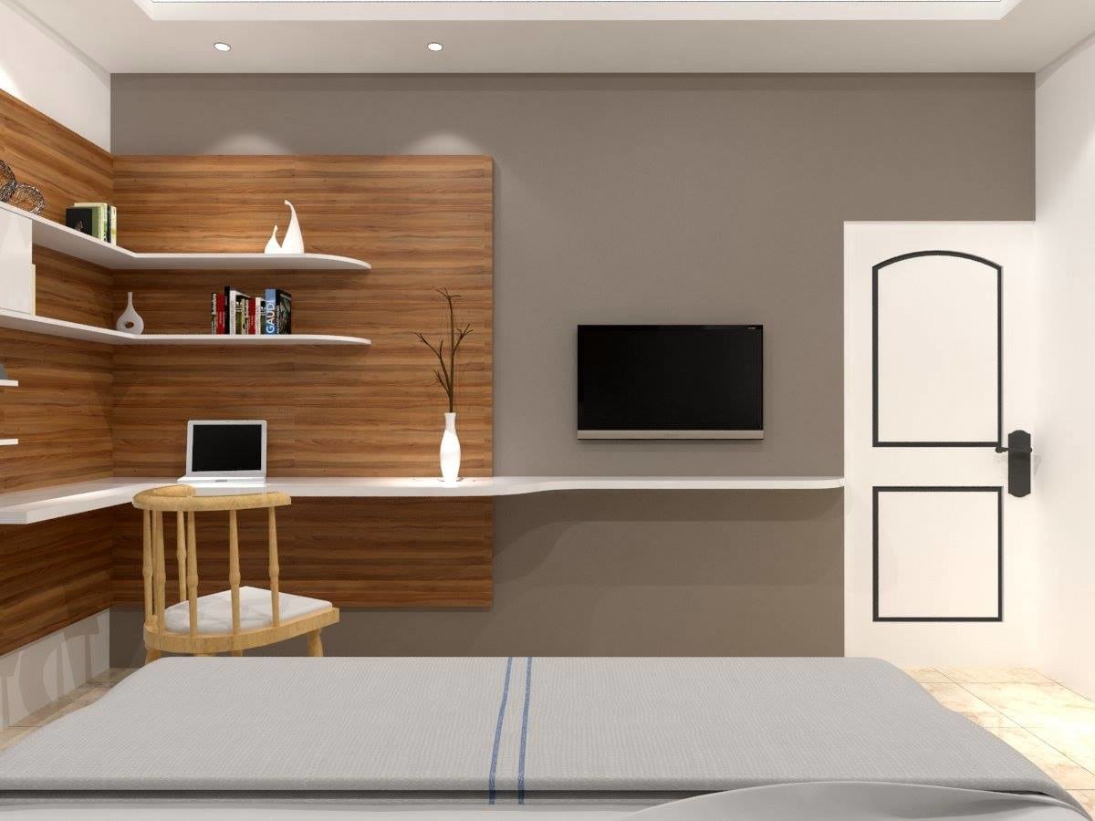 Minimalist Master Bedroom with Wooden Shelf Space by Regalias Interiors Bedroom Minimalistic | Interior Design Photos & Ideas