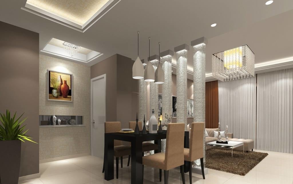 White Shaded Dining Room With Designer Wall Separator by Regalias Interiors Dining-room Modern | Interior Design Photos & Ideas