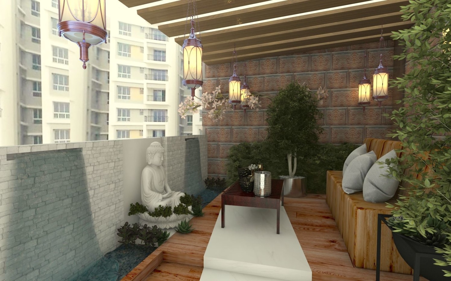 Artistic Balcony With Wooden Seating by Regalias Interiors Open-spaces Contemporary | Interior Design Photos & Ideas