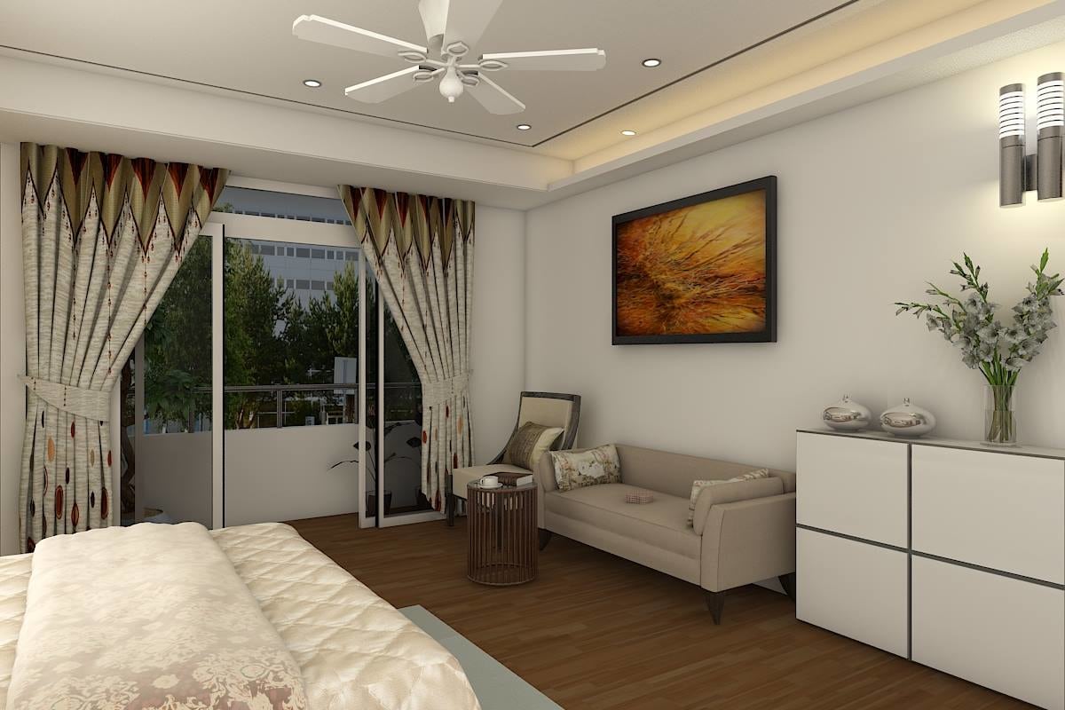 Bed with grey sofa and false ceiling by Regalias Interiors Bedroom Contemporary | Interior Design Photos & Ideas