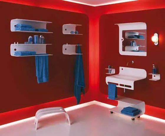 Red Themed Bathroom With Blue Bathroom Essentials by HOC Designarch Bathroom Contemporary | Interior Design Photos & Ideas