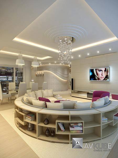 Living Room With Round Sofa And Crystal Chandelier by HOC Designarch Living-room Contemporary | Interior Design Photos & Ideas