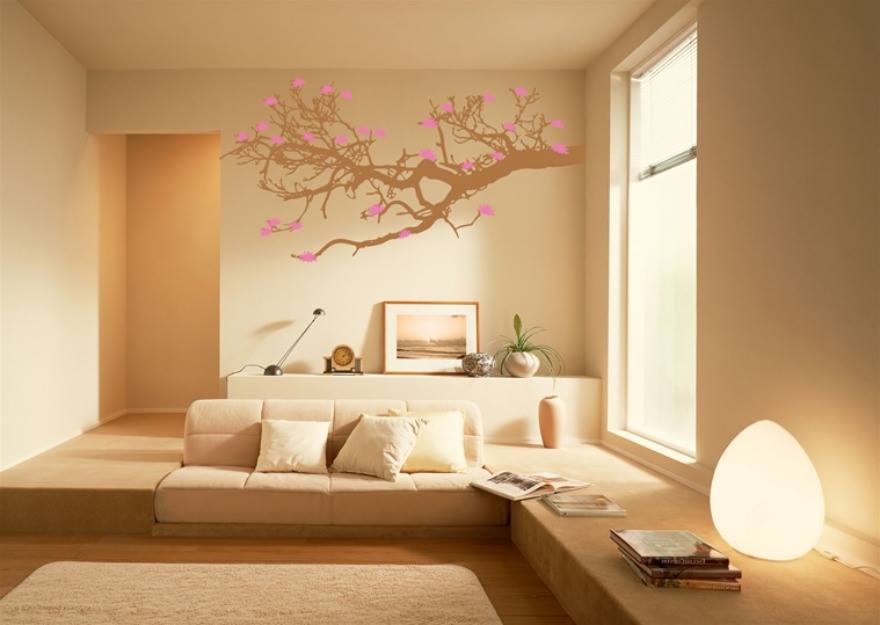Cream Themed Living Room With Tree Wall Art by HOC Designarch Living-room Contemporary | Interior Design Photos & Ideas