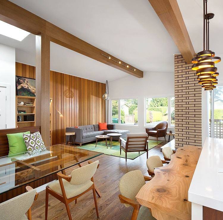 Living Room With Wooden Planks And Brick Wall by HOC Designarch Living-room Contemporary | Interior Design Photos & Ideas