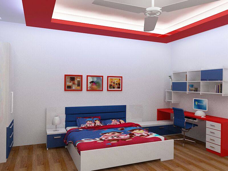 Kid's Bedroom With Blue And Red Wooden Work by HOC Designarch Bedroom Contemporary | Interior Design Photos & Ideas