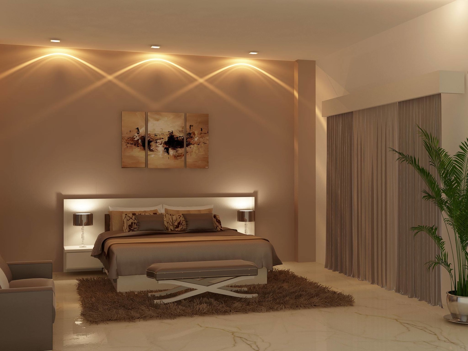 Cream Themed Bedroom With Brown Soft Carpet by HOC Designarch Bedroom Contemporary | Interior Design Photos & Ideas