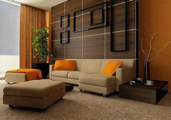 Living Room With Brown Sectional Sofas And Black Geometrical Wooden Designs by HOC Designarch Living-room Contemporary | Interior Design Photos & Ideas