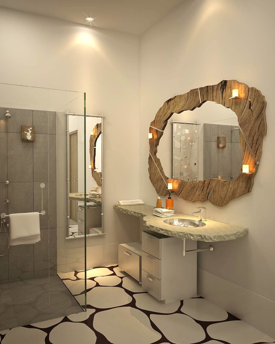 Bathroom With Wooden Mirror And And Glass Shower Enclosure by HOC Designarch Bathroom Contemporary | Interior Design Photos & Ideas