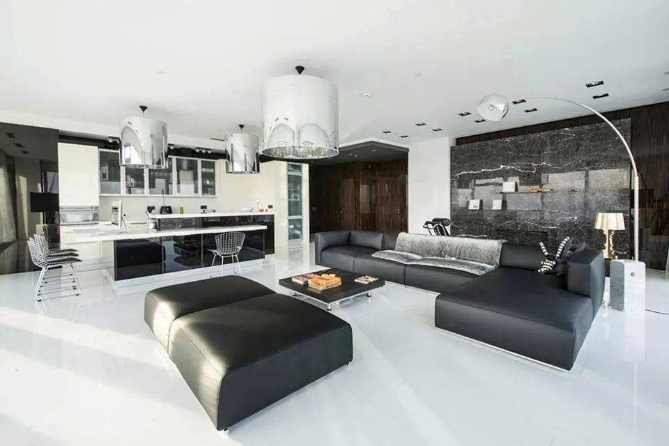 Living Room With Black Sectional Sofa And Drum Chandelier by HOC Designarch Living-room Contemporary | Interior Design Photos & Ideas