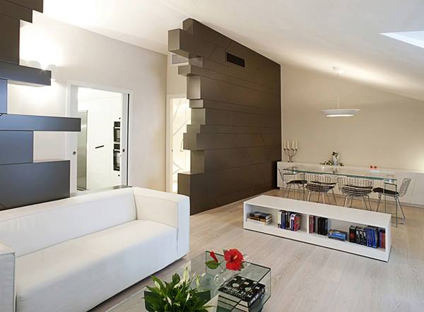 Spacious Living Space With White Sofa And Wooden Wall Work by HOC Designarch Living-room Contemporary | Interior Design Photos & Ideas