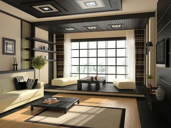 Living Space With Dark Walnut Wooden Work by HOC Designarch Living-room Minimalistic | Interior Design Photos & Ideas
