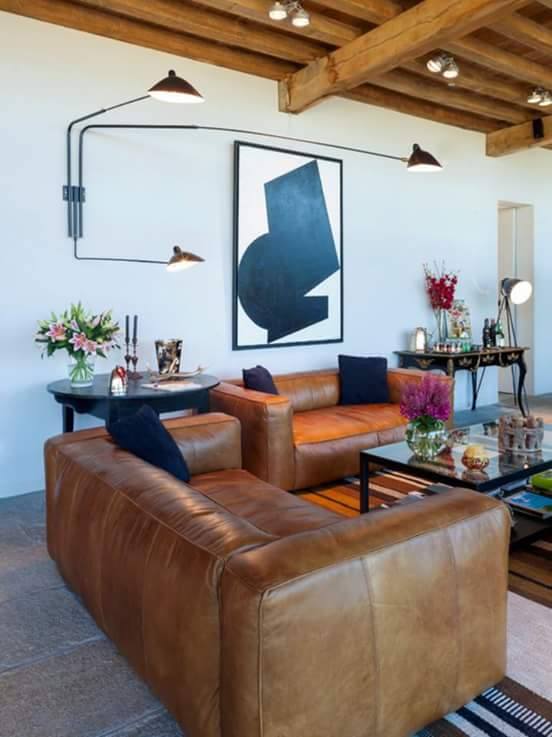 Brown Leather Sofas With Wooden Ceiling by HOC Designarch Living-room Contemporary | Interior Design Photos & Ideas