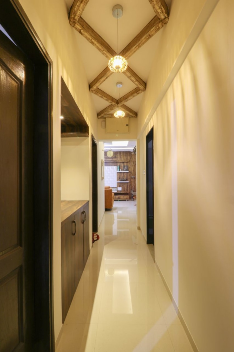 Hallway With Wooden Work And Pendant Light by Wood Works Club Indoor-spaces Contemporary | Interior Design Photos & Ideas