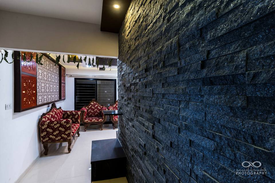 Hallway With Grey Slab Marble And Red Sofas by Wood Works Club Indoor-spaces Contemporary | Interior Design Photos & Ideas