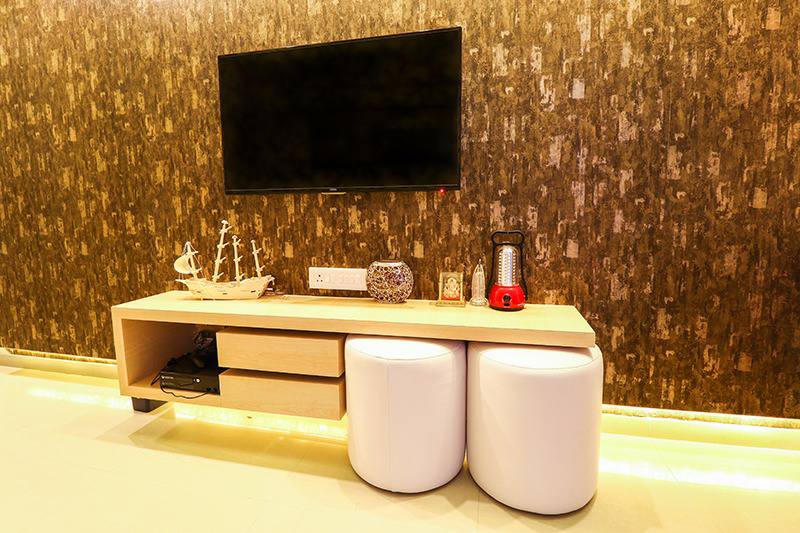 Pine Oak Wooden Television Cabinet And Cushioned Chairs by Wood Works Club Living-room Modern | Interior Design Photos & Ideas