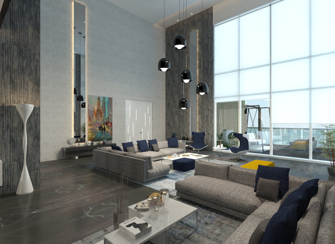 Plush living room with L shaped grey couch , hanging black lamps, see-through stationery windows and white and grey theme by Jui Maniar Living-room Contemporary | Interior Design Photos & Ideas