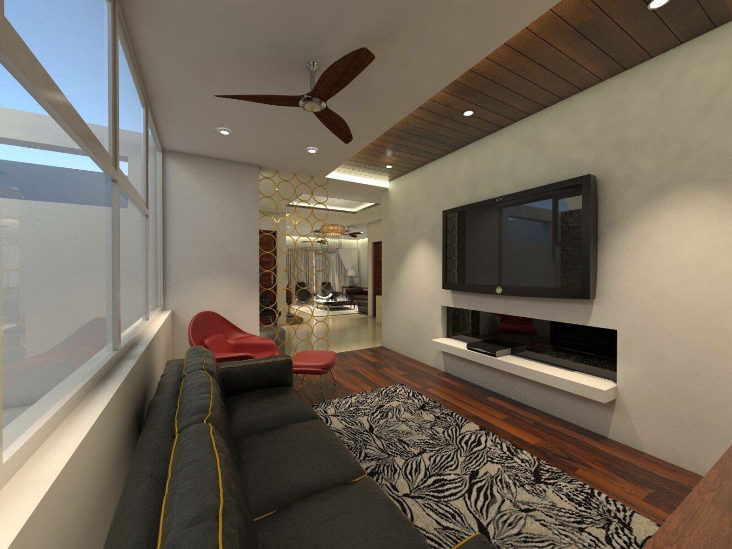 Living Room Mounted TV Unit by Roopan Living-room Contemporary | Interior Design Photos & Ideas