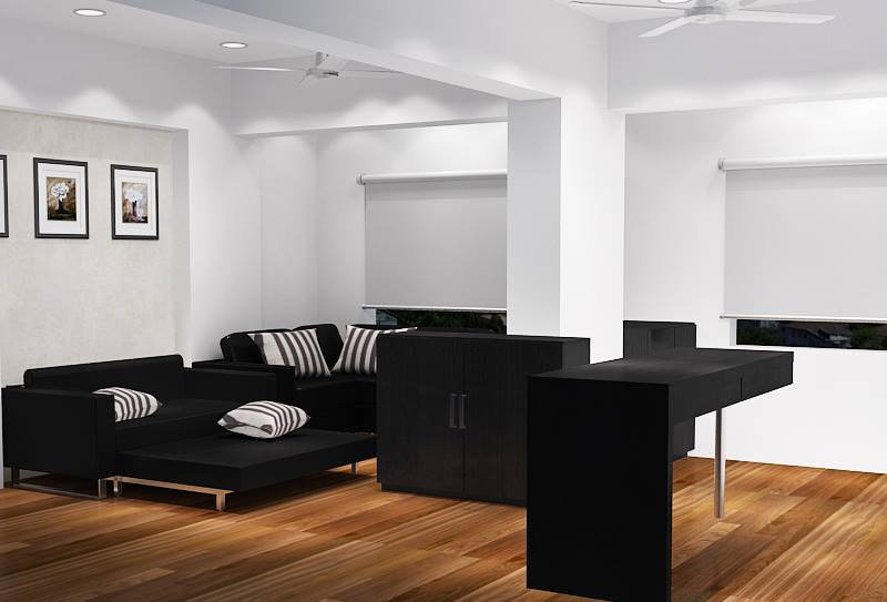 Living Room With Black Sofa Set And Wooden Flooring by Krupa Bhansali Sanghavi Living-room Contemporary | Interior Design Photos & Ideas
