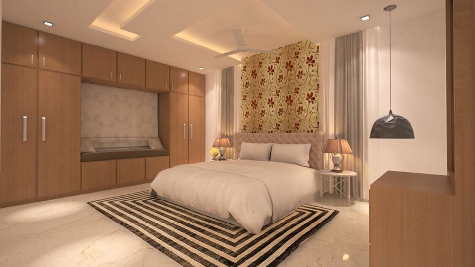 Off White Shaded Bedroom With Wall Mounted Wardrobe by Icraft Desginz and interiors Bedroom Contemporary | Interior Design Photos & Ideas