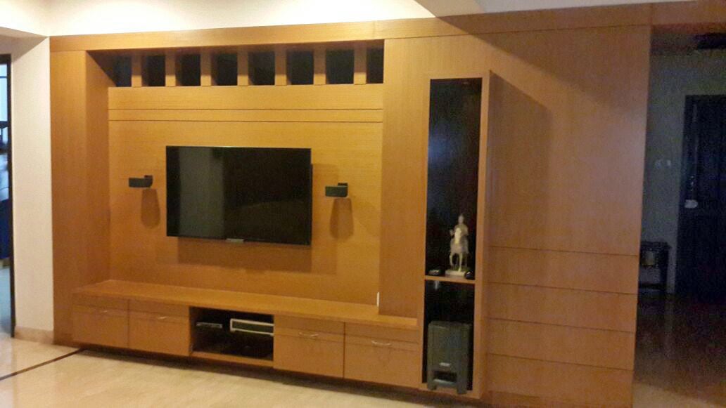 Living Room With Full Wall Wooden Cabinet by Madhumathi. J. Dharwar Living-room Contemporary | Interior Design Photos & Ideas