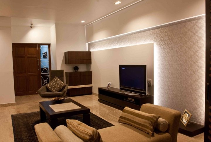 Dark Brown Shaded Living Room With White Textured Walls by D'insignia Architects and Interiors Living-room Modern | Interior Design Photos & Ideas