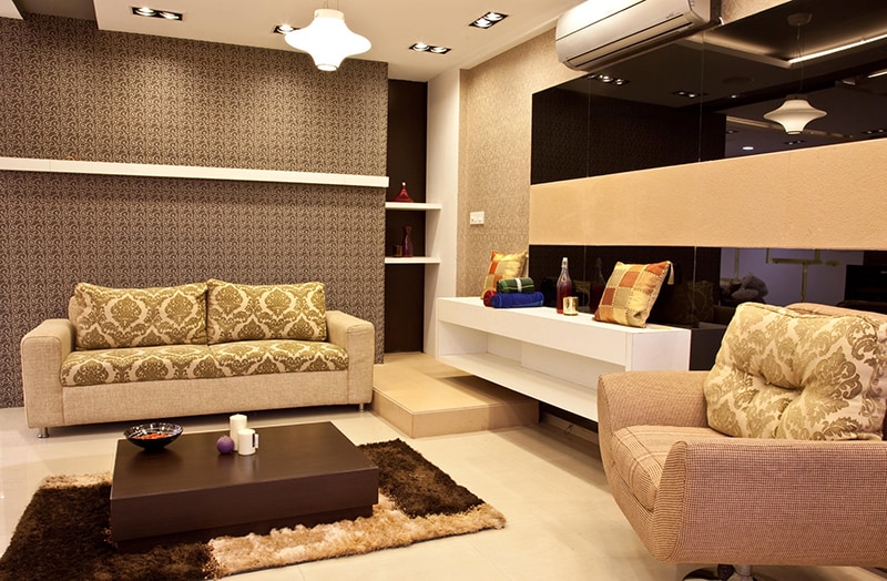 Gold And Beige Lawson Style Sofa With Patterned Wall by D'insignia Architects and Interiors Living-room Modern | Interior Design Photos & Ideas