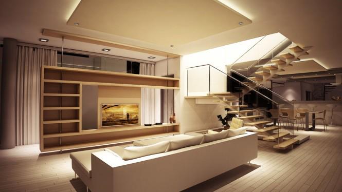 Buff Shaded Living Room With Stairs by Mohit Kumar Living-room Modern | Interior Design Photos & Ideas