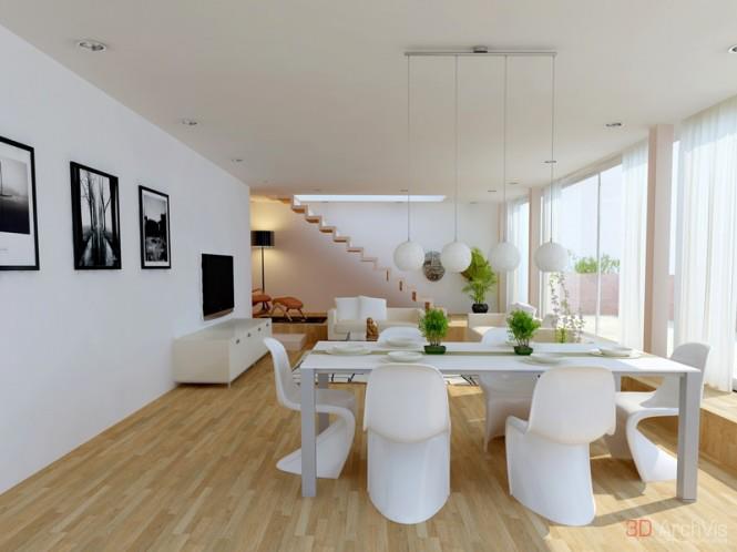White Shaded Dining Room With Wooden Floor by Mohit Kumar Dining-room Modern | Interior Design Photos & Ideas