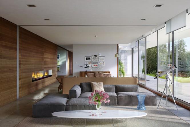 Living Room With Outside View And Wooden Wall by Mohit Kumar Living-room Contemporary | Interior Design Photos & Ideas