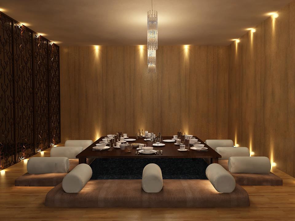 Antique Oak Shaded Dining Room With Wooden Floor by Mohit Kumar Contemporary | Interior Design Photos & Ideas