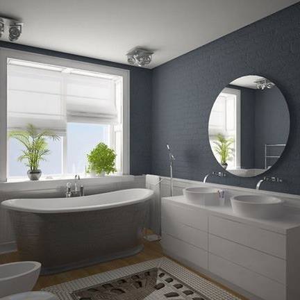 Dark Grey Bathroom With Round Mirror by Mohit Kumar Bathroom Contemporary | Interior Design Photos & Ideas