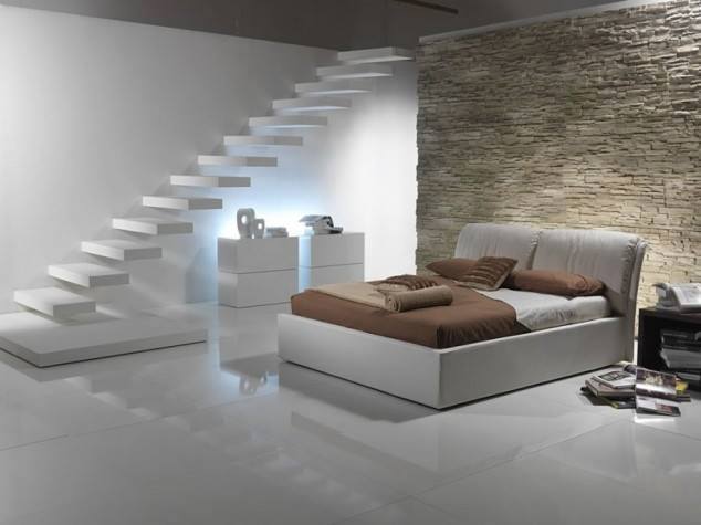 Splashed White Bedroom With Staircase by Mohit Kumar Bedroom Modern | Interior Design Photos & Ideas