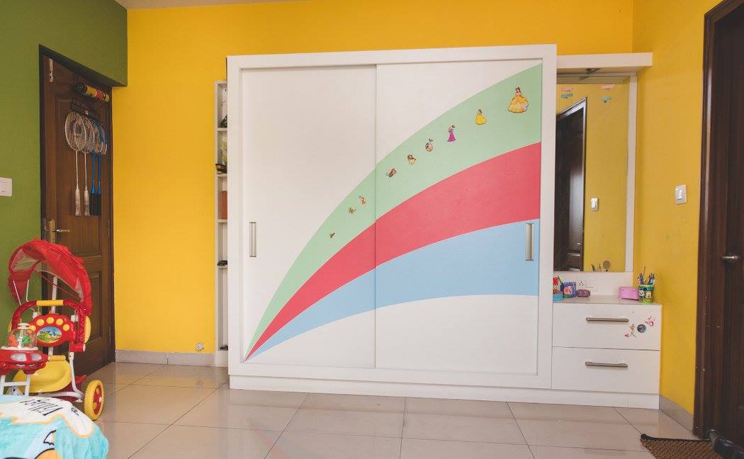 White Sliding Wardrobe and Yellow Back Wall by Shyama Viswanathan Bedroom Contemporary | Interior Design Photos & Ideas