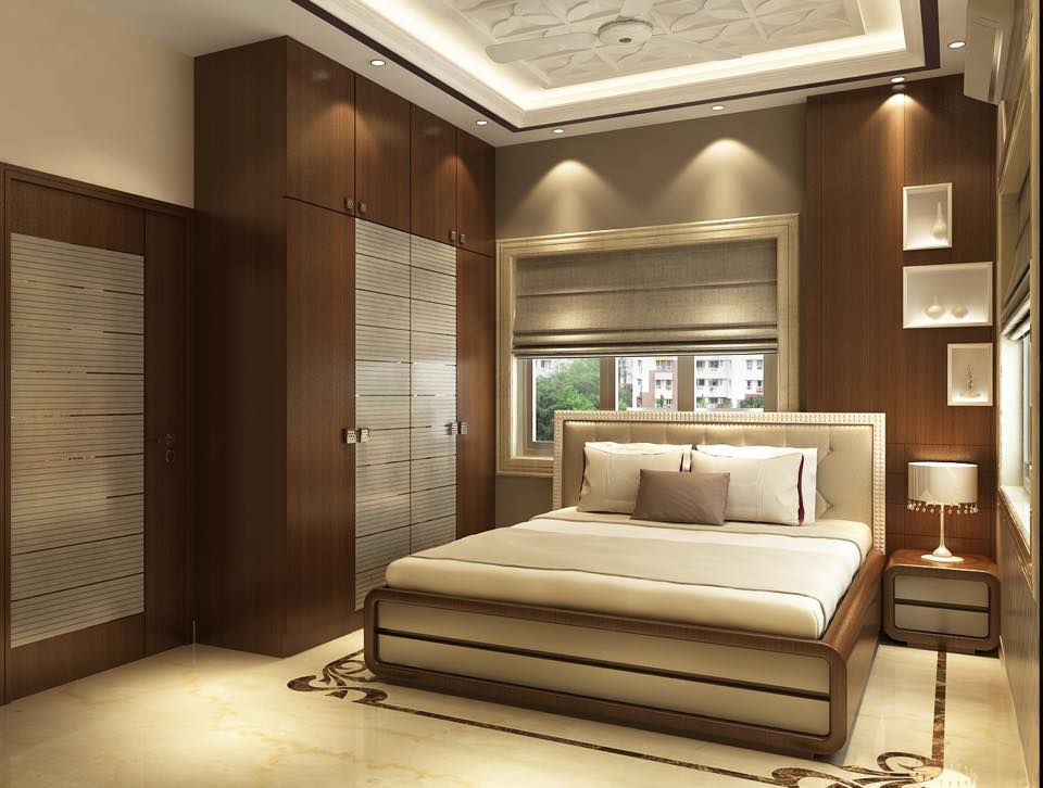 Modern bedroom with wooden designed wall and wardrobe by ...