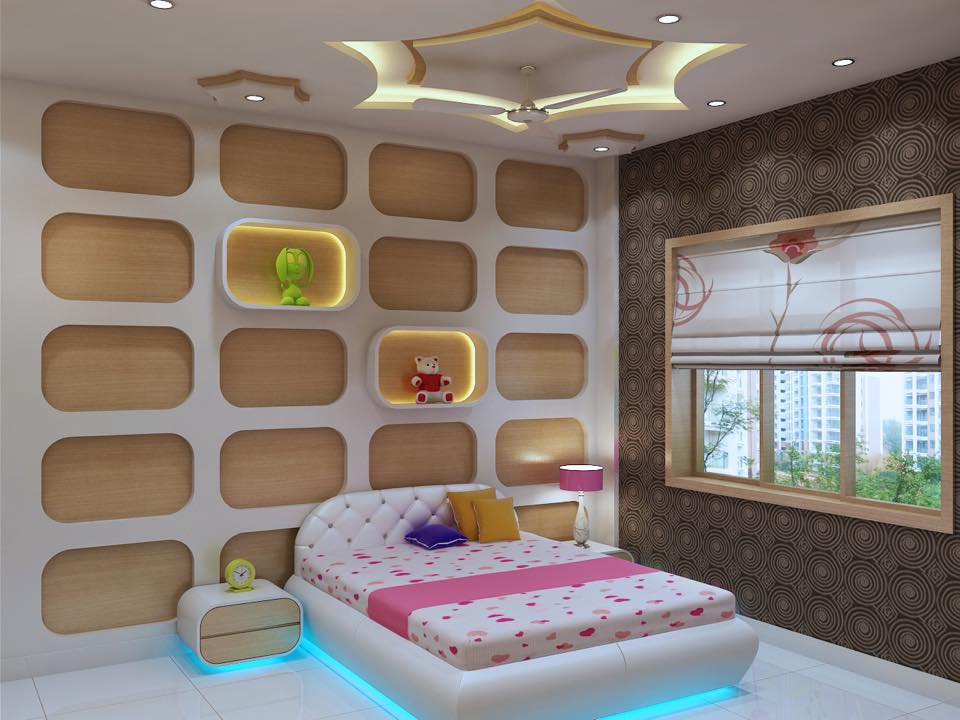 Bedroom with abstract designed wall and window by Prashant Mali Bedroom Modern | Interior Design Photos & Ideas