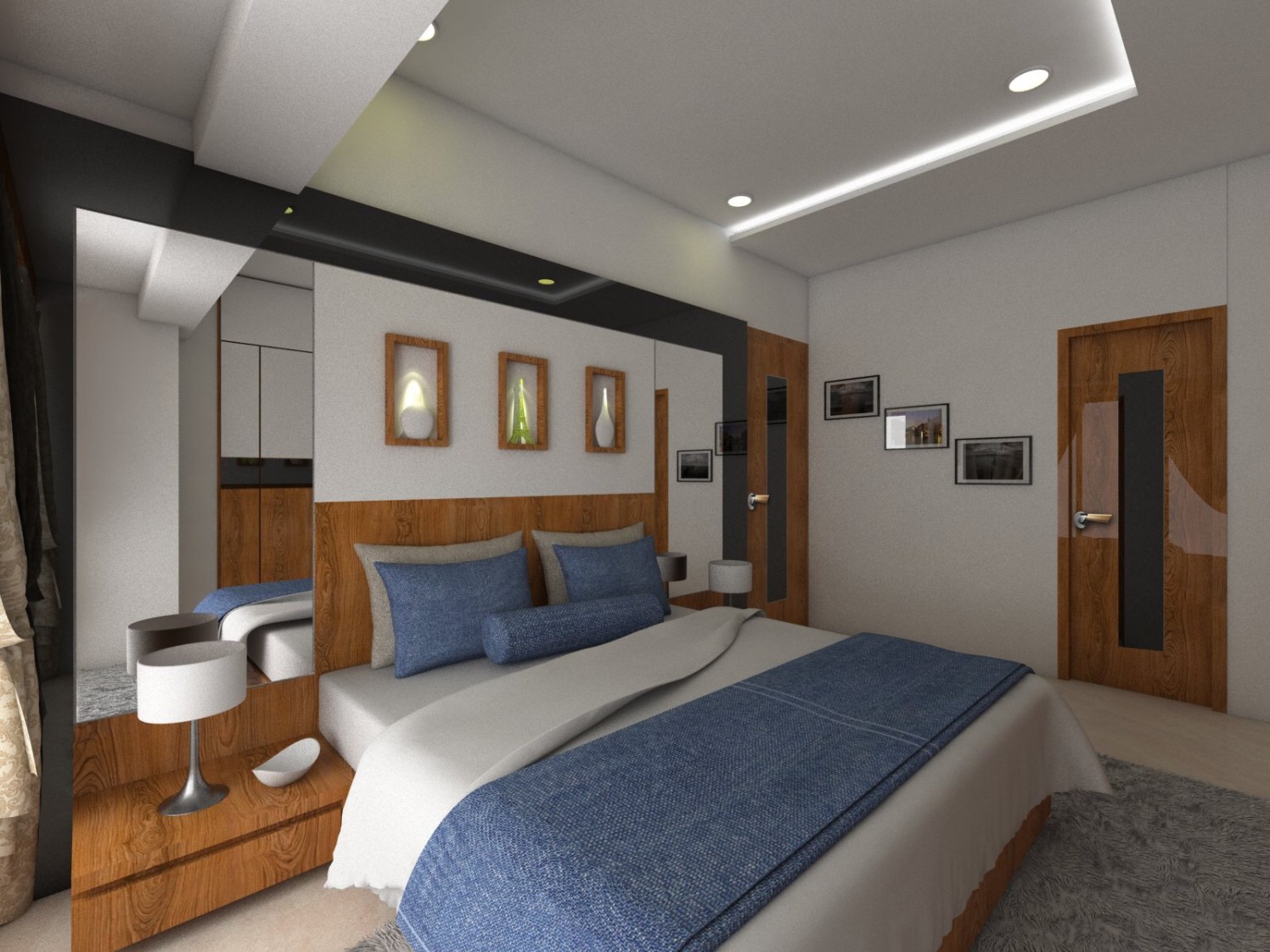 King Size Bed with Wooden Panels and White False Ceiling by Umesh Vishwakarma Bedroom Contemporary | Interior Design Photos & Ideas