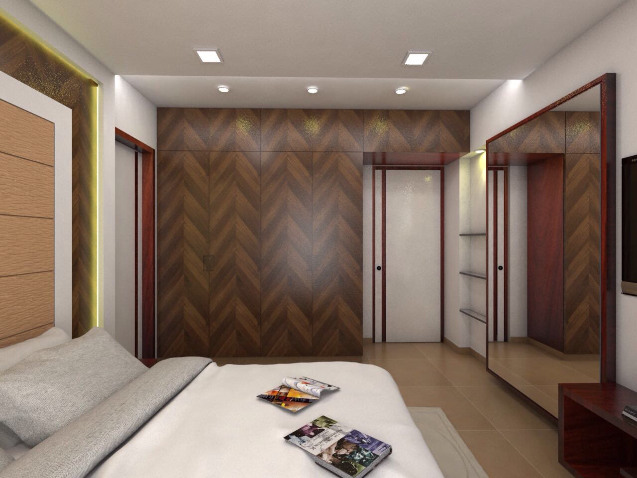 Guest Bedroom with Wooden Wardrobe and Full Wall Mirror by Umesh Vishwakarma Bedroom Contemporary | Interior Design Photos & Ideas