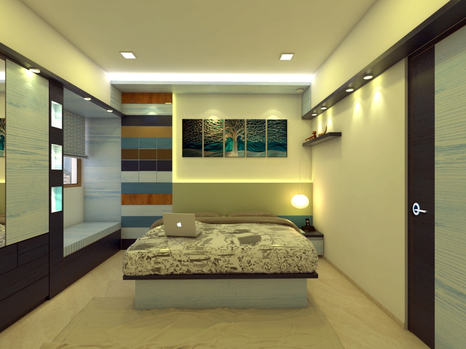 White Themed Bedroom With Coral Blue Panels And Wall Art by Umesh Vishwakarma Bedroom Contemporary | Interior Design Photos & Ideas