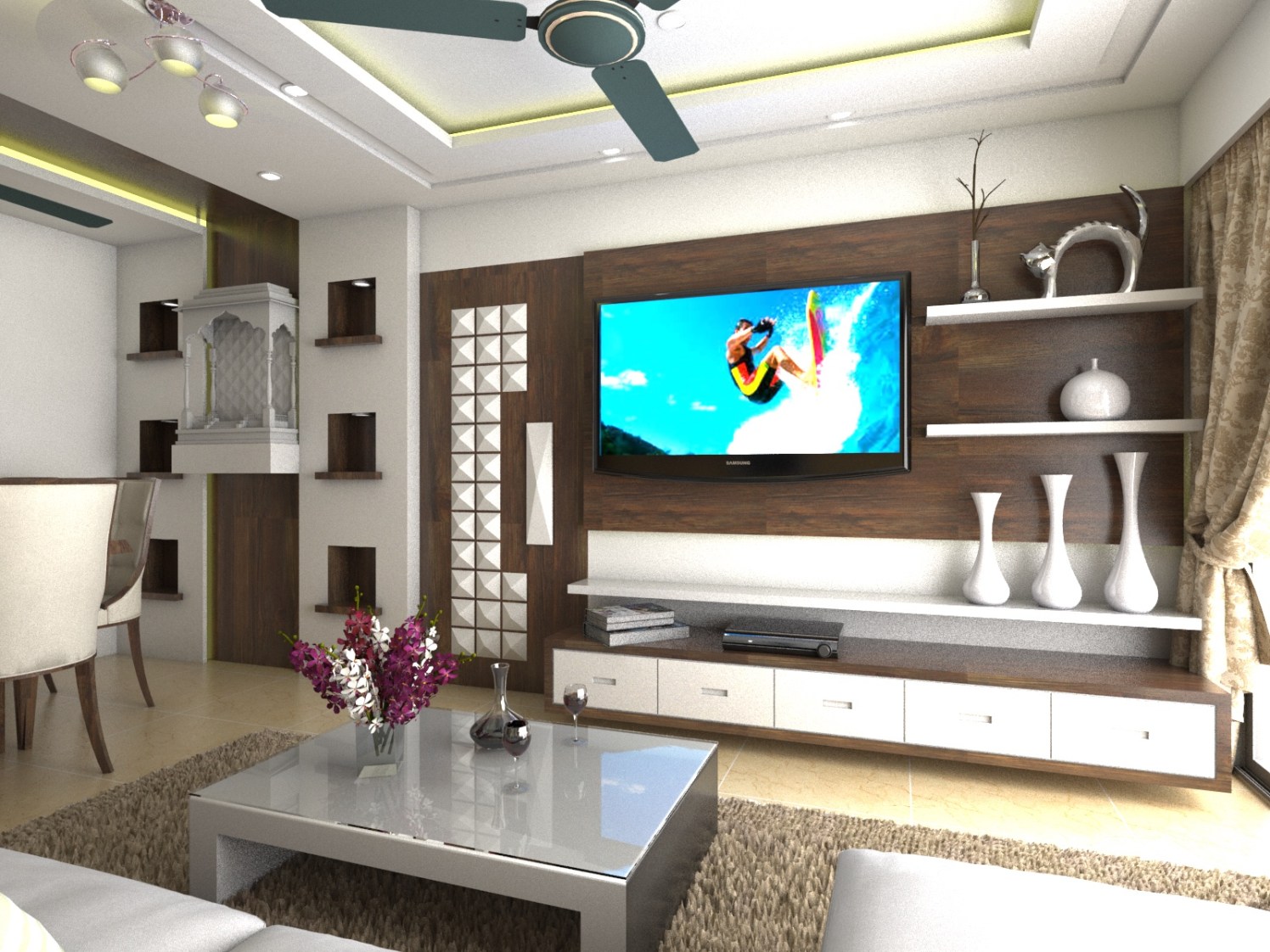 Living Room With Glass Top Grey Centre Table and TV Unit Hinged to Wooden Panel by Umesh Vishwakarma Living-room Contemporary | Interior Design Photos & Ideas