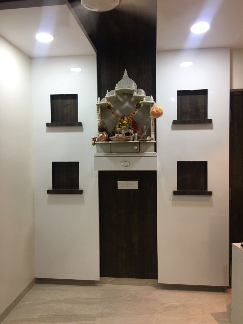 Small Prayer Room with White Marble Temple and Wooden Panels by Umesh Vishwakarma Indoor-spaces Contemporary | Interior Design Photos & Ideas