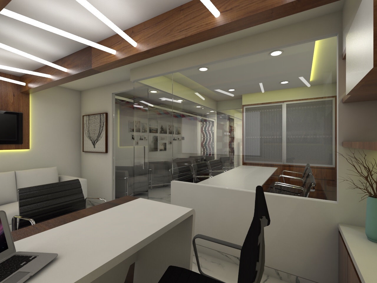 Office Space with White Wooden Desk and Glass Partition by Umesh Vishwakarma Modern | Interior Design Photos & Ideas