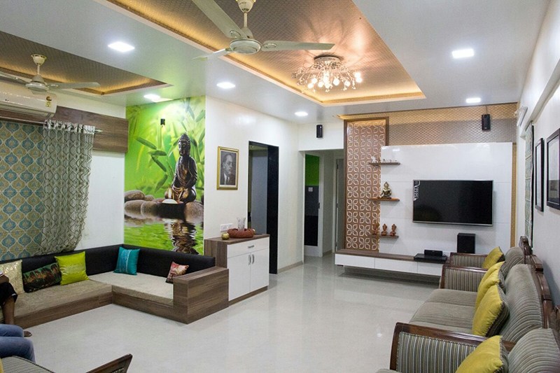 Living room with studio sofa and LED ceiling light in false ceiling by Bhagyashree Prajapati Living-room Contemporary | Interior Design Photos & Ideas