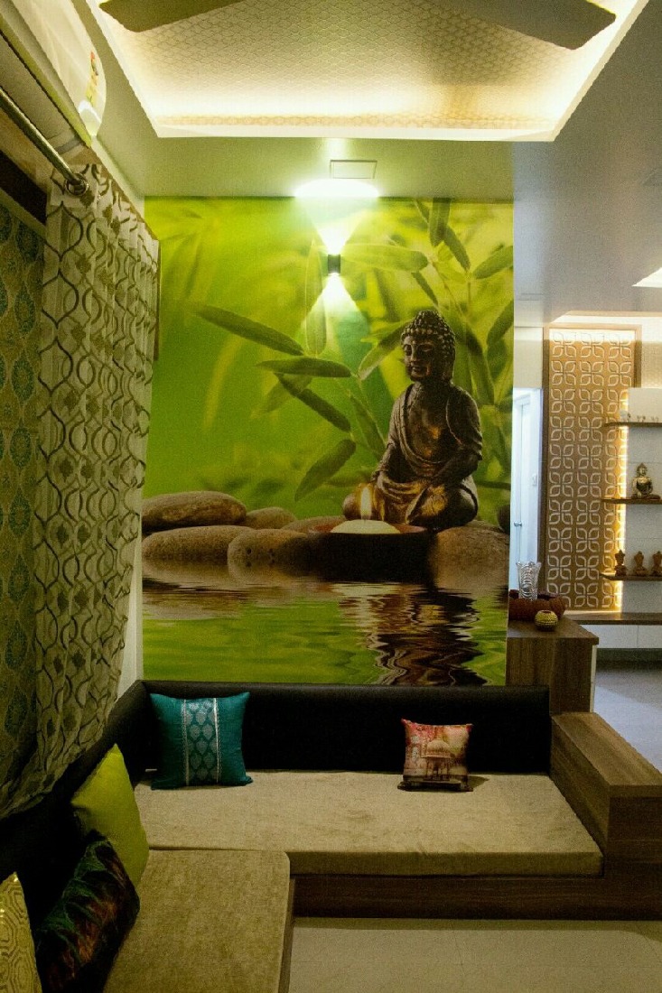 L shape sofa with green wall art and false ceiling by Bhagyashree Prajapati Living-room Contemporary | Interior Design Photos & Ideas