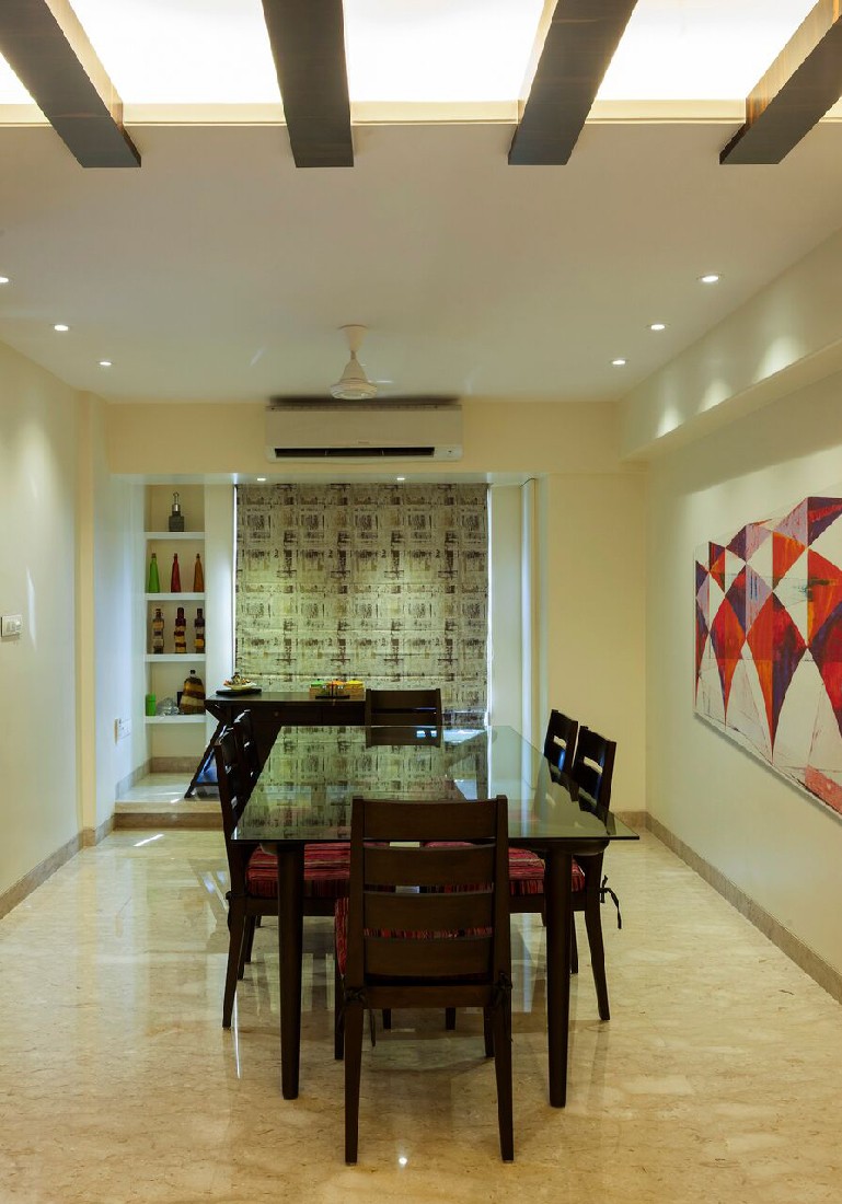 Cream Shaded Dining Room With Wooden Design On Ceiling by Chaitali D Parikh Dining-room Contemporary | Interior Design Photos & Ideas
