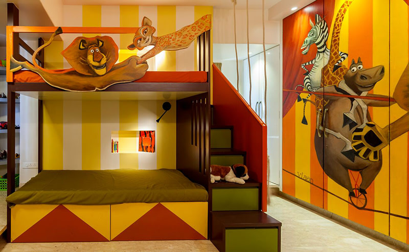 Yellow striped Kids Bedroom With Bunk Bed by Chaitali D Parikh Bedroom Modern | Interior Design Photos & Ideas