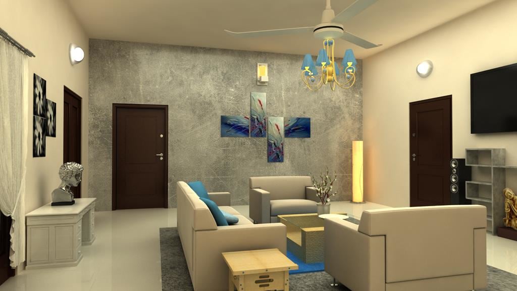 Living Room With Grey Pattern Wall Art And Contemporary Style Sofa by Shruti Sodhi Living-room Contemporary | Interior Design Photos & Ideas